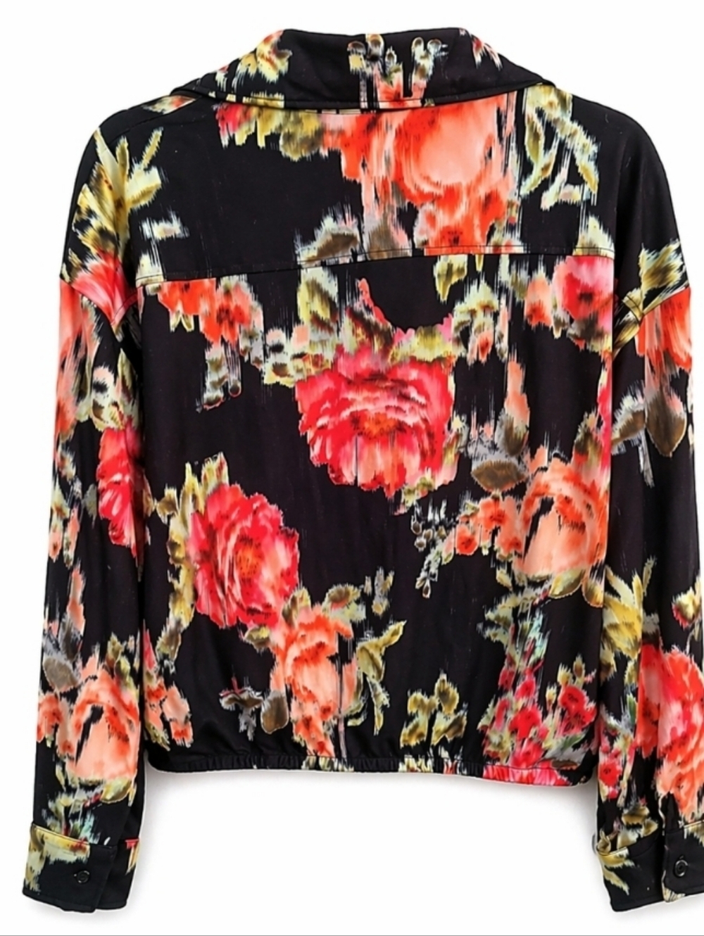 Steve Madden Black Floral Collared V-Neck Long Sleeve Top - Picture 2 of 4